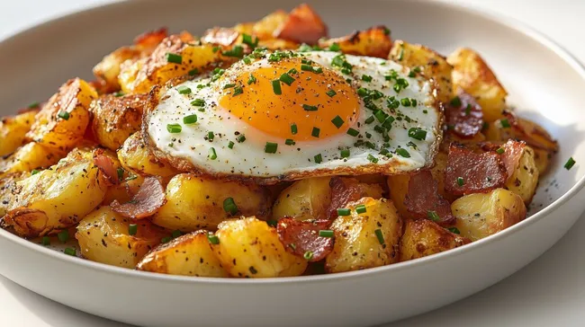Knusprige Bratkartoffeln mit Spiegelei und Speck