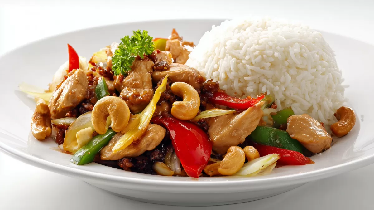 Knusprige Cashew-Hühnchenpfanne auf Reis nach Art