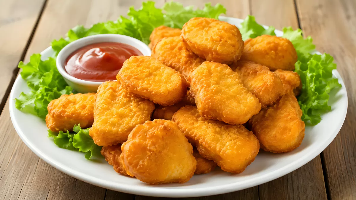 Knusprige Chicken Nuggets mit Ketchup auf Teller