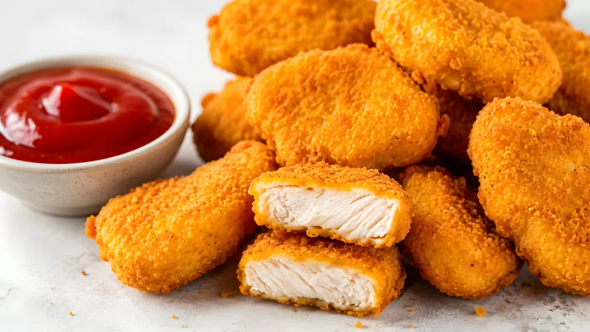 Knusprige Chicken Nuggets mit Ketchup zum Dippen