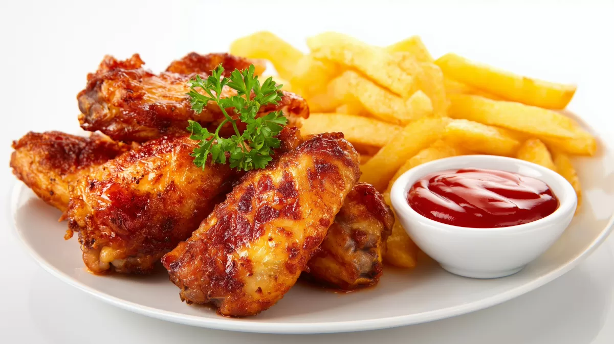 Knusprige Chicken Wings mit Pommes und Ketchup