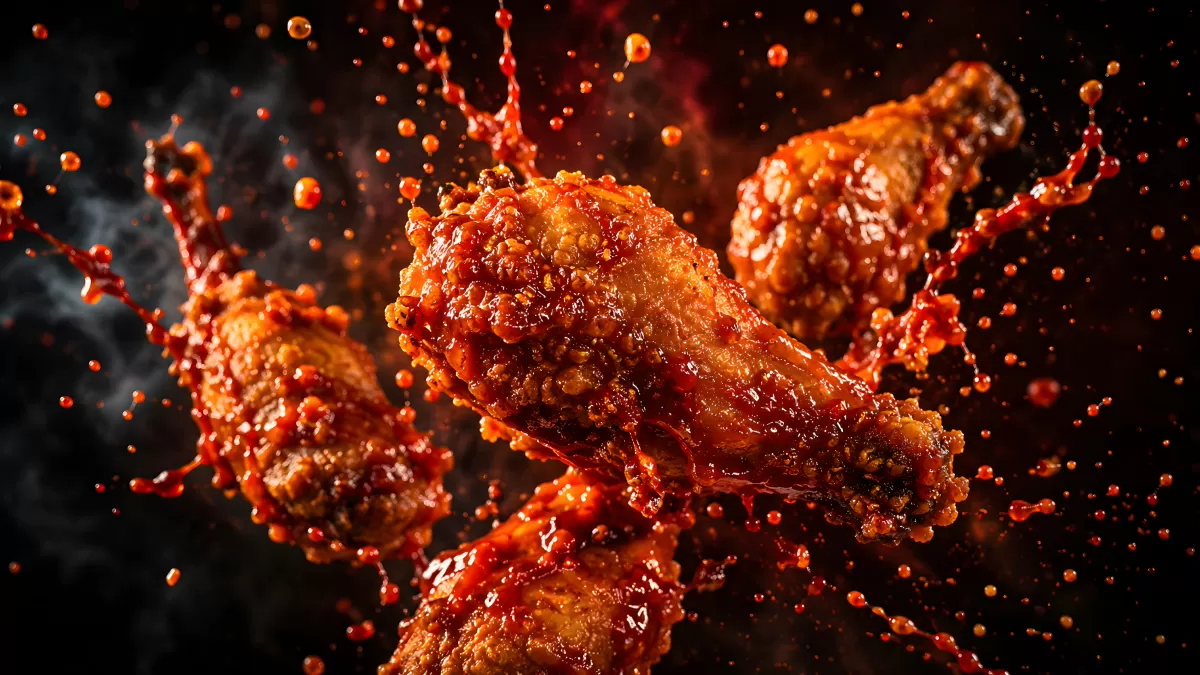 Knusprige Chicken Wings mit roter Soße im Spritzer