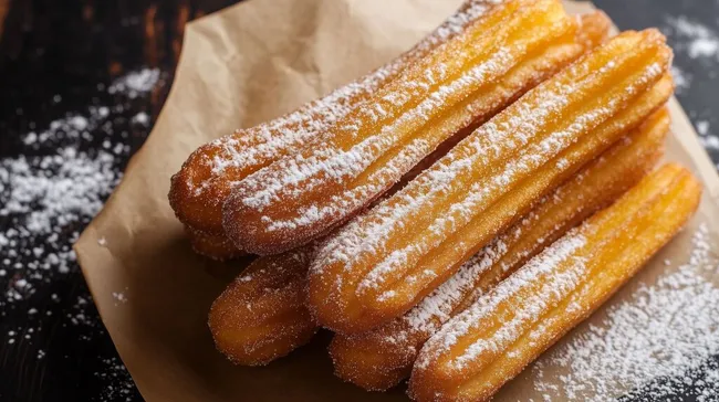 Knusprige Churros mit Puderzucker - traditioneller spanischer Snack