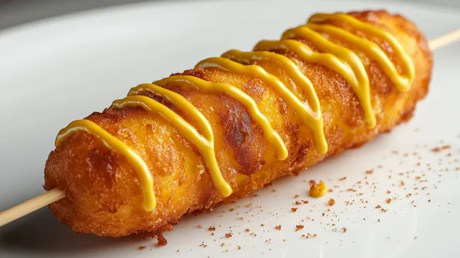 Knusprige Corn-Dog-Spezialität mit Senftupfen