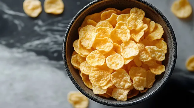 Knusprige Cornflakes in schwarzer Schale