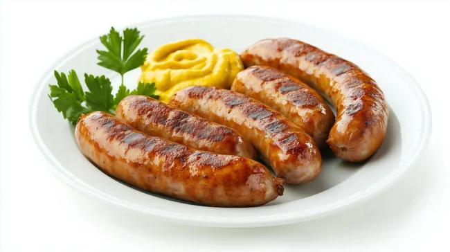 Knusprige deutsche Bratwürste mit Senf