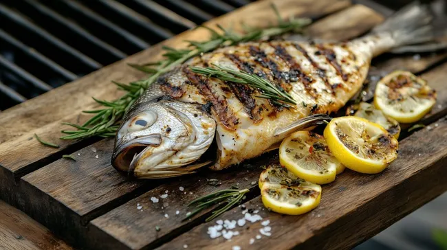Knusprige Dorade mit Zitrone und Rosmarin auf Holzbrett