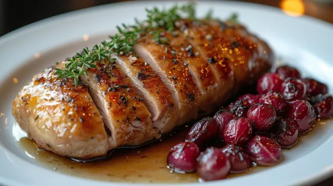 Knusprige Entenkeule mit glasierten Trauben