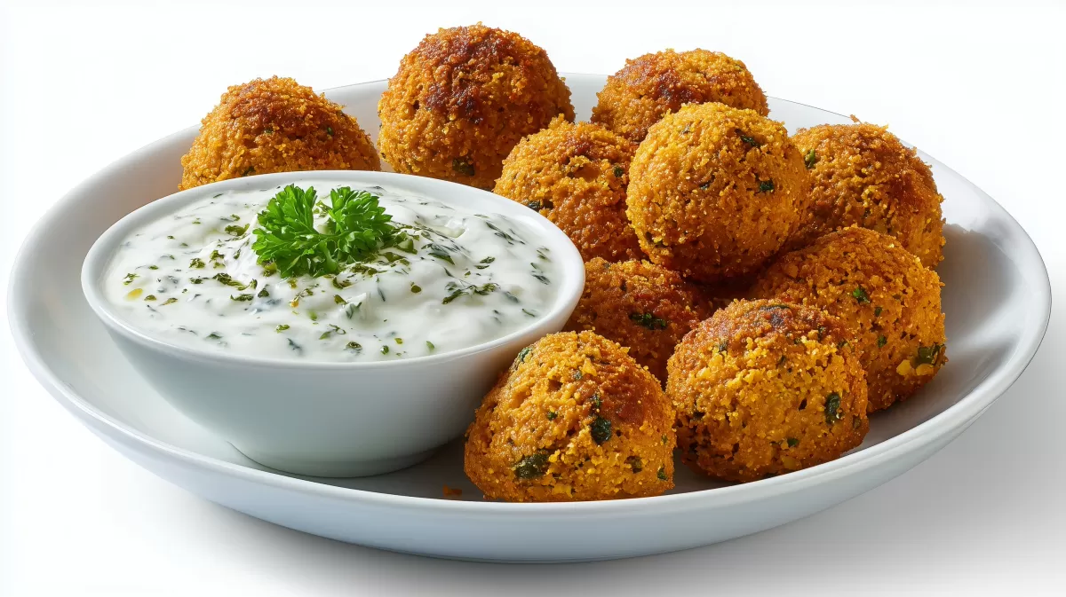 Knusprige Falafel mit Joghurt Dip auf weißem Teller