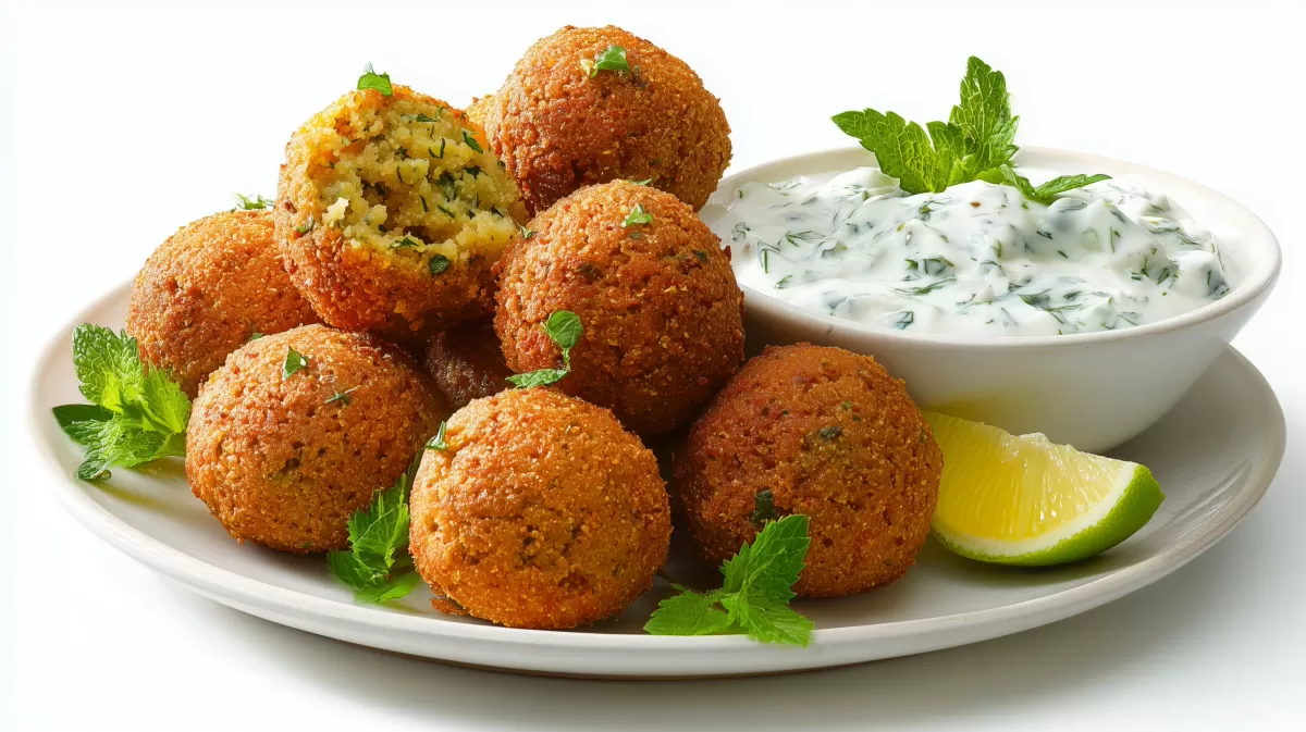 Knusprige Falafelkugeln mit Tzatziki Dip auf Teller