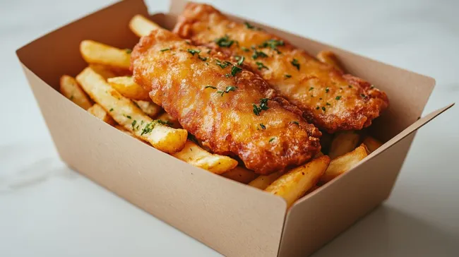 Knusprige Fischfilets mit Pommes in kompostierbarer Box