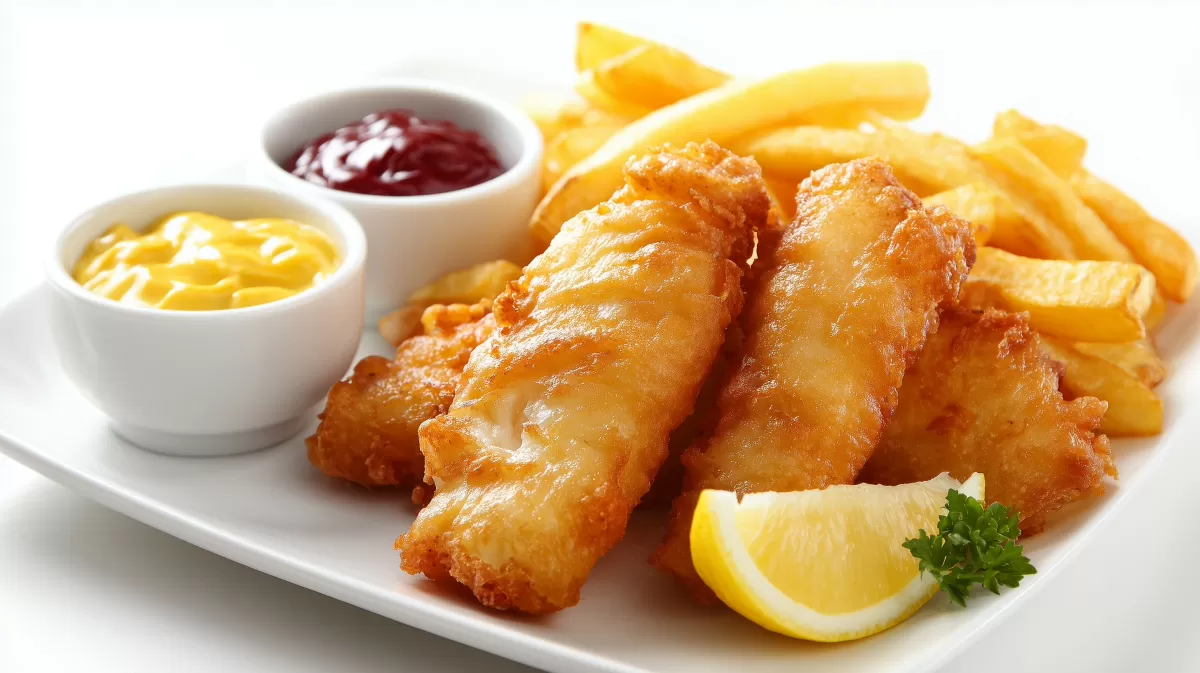 Knusprige Fischstäbchen mit goldenen Pommes