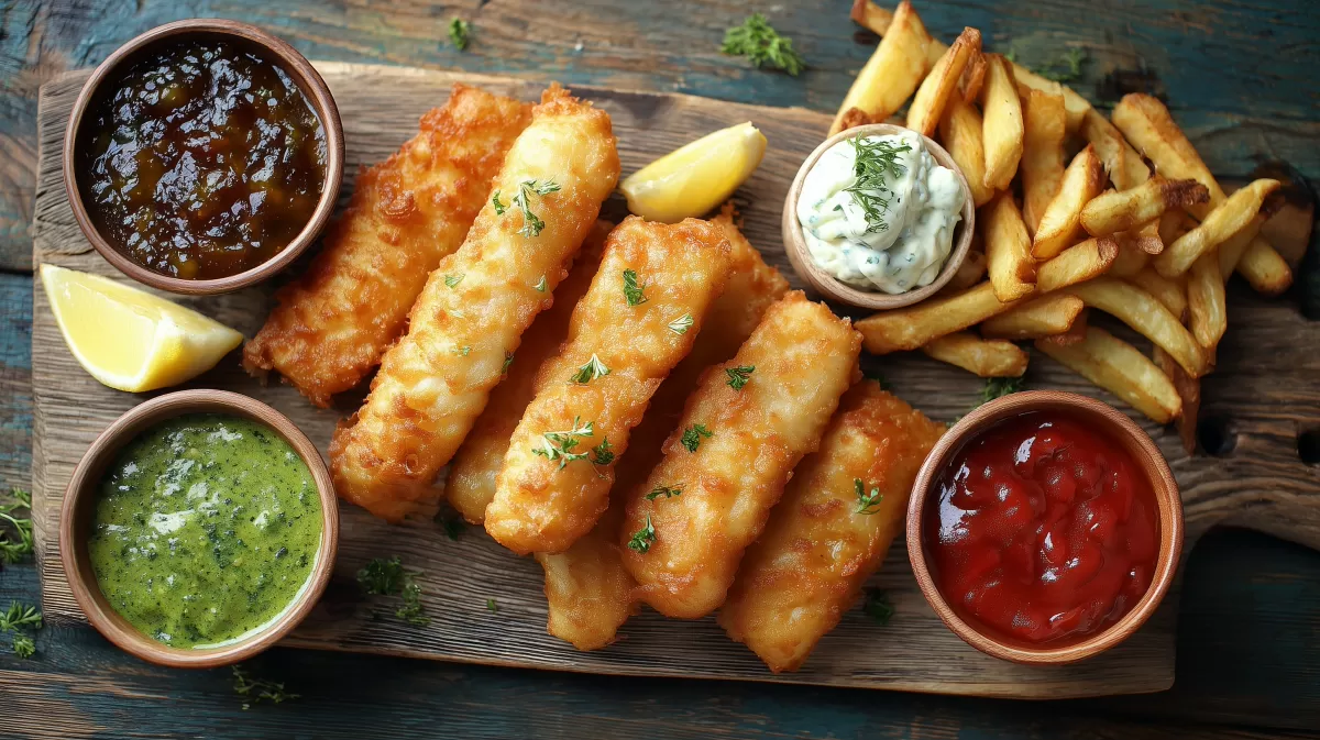 Knusprige Fischstäbchen mit Pommes und Dips