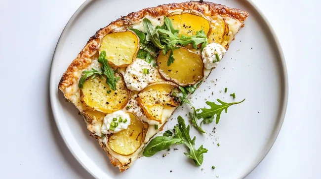 Knusprige Flammkuchen mit Kartoffeln und Rucola