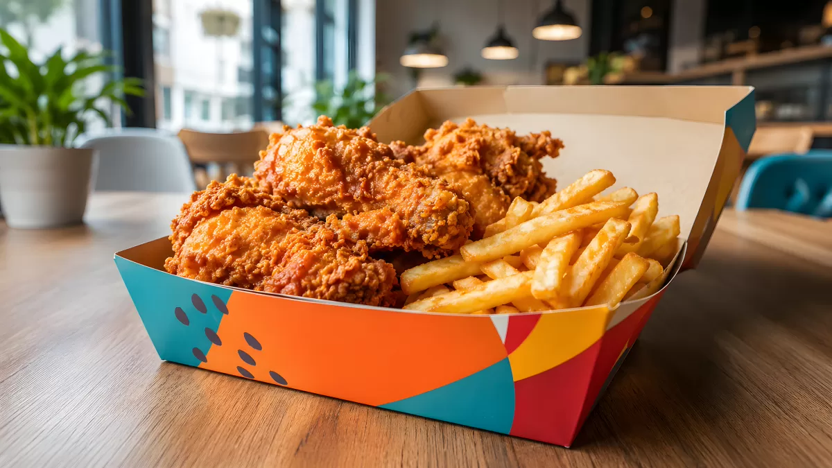 Knusprige Fried Chicken Stücke mit Pommes in Pappschale