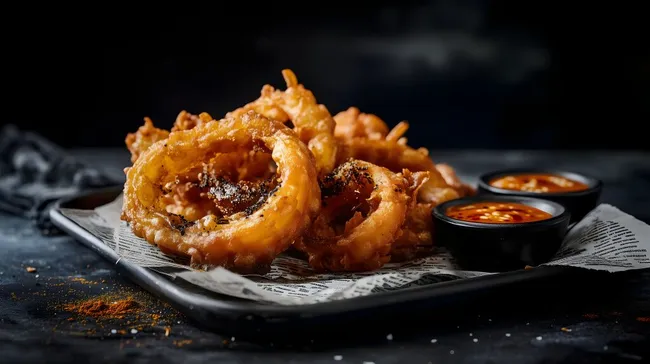 Knusprige fritierte Zwiebelringe mit Dip - rustikale Fastfood-Delikatesse