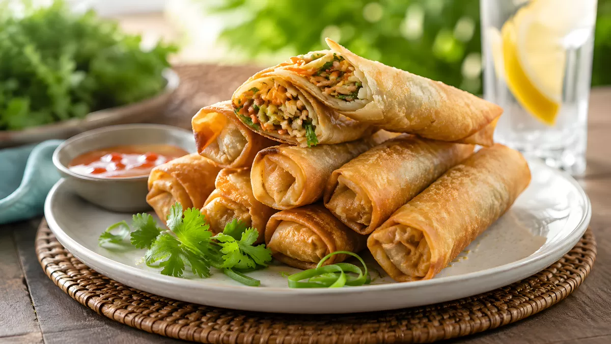 Knusprige Frühlingsrollen auf Teller mit Dip