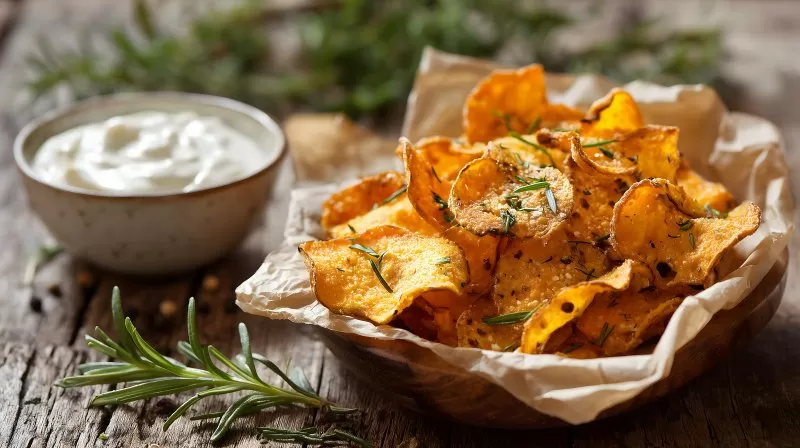 Knusprige Gemüsechips mit Sauerrahm Dip auf dunklem Teller