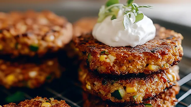 Knusprige Gemüsefrikadellen mit Kräutern und Sauerrahm