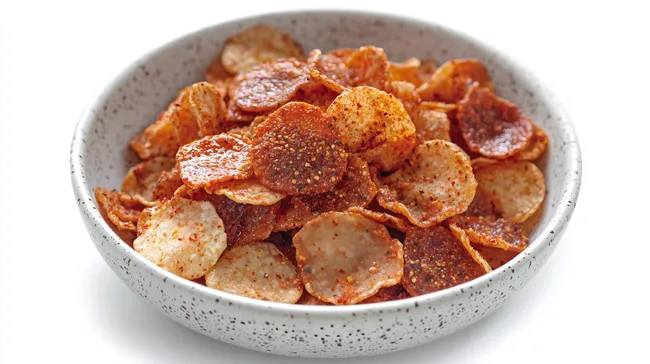 Knusprige, gewürzte Kartoffelchips in Keramikschale