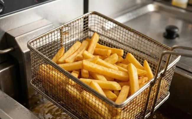 Knusprige goldgelbe Pommes Frites in Frittierkörben