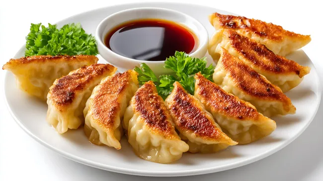 Knusprige Gyoza mit Sojasoße auf Teller