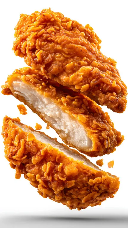 Knusprige Hähnchenfilets in Flugoptik auf weißem Hintergrund