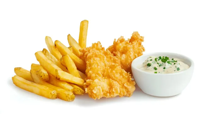 Knusprige Hähnchenfilets mit Pommes und Remouladensoße