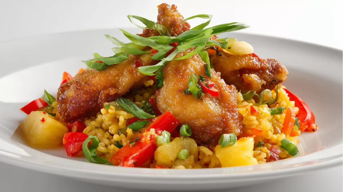 Knusprige Hähnchenflügel mit Curryreis und Paprika