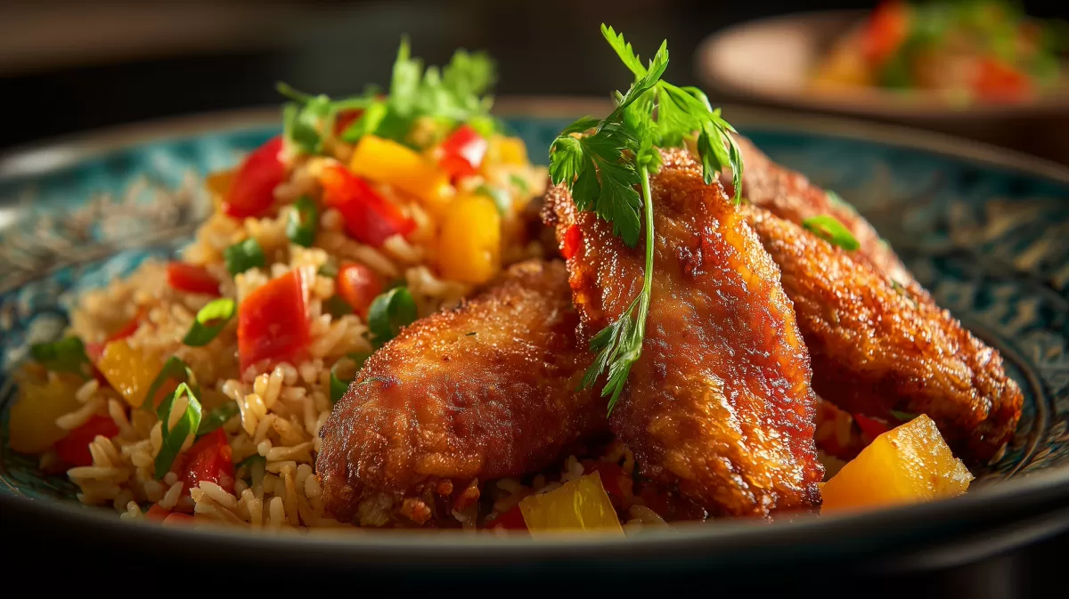 Knusprige Hähnchenflügel mit Curryreis