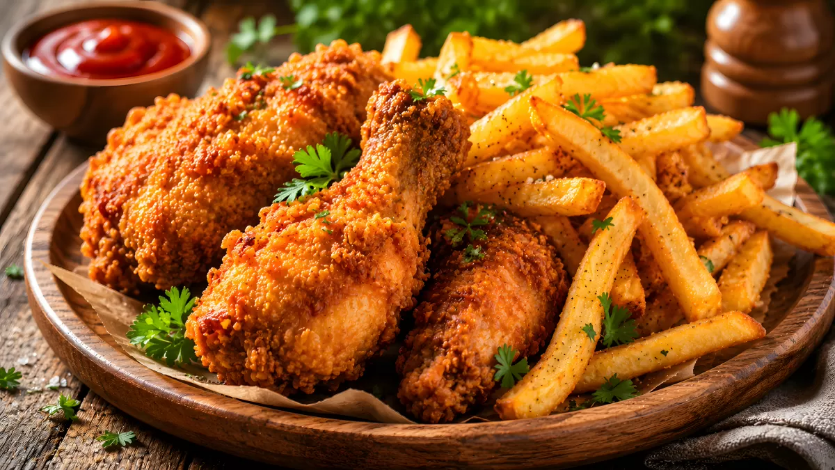 Knusprige Hähnchenkeule mit goldenen Pommes frites