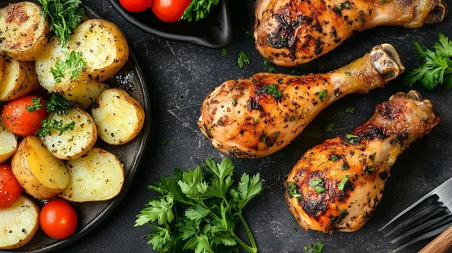 Knusprige Hähnchenschenkel mit Ofenkartoffeln