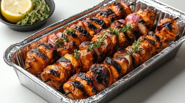 Knusprige Hähnchenspieße in Aluschale