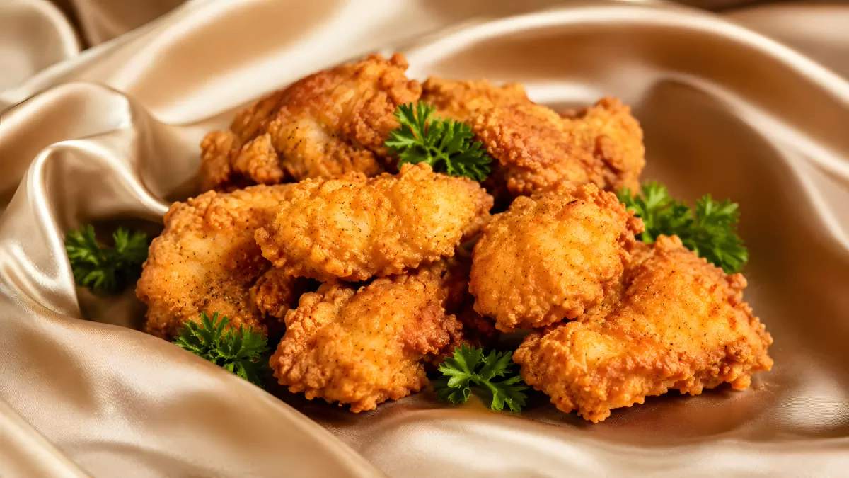 Knusprige Hähnchenstücke auf goldenem Seidenstoff