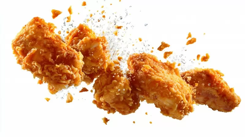 Knusprige Hähnchenstücke fliegen mit Spritzern