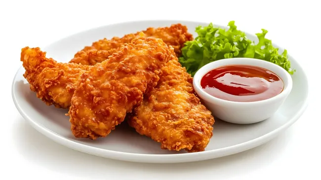 Knusprige Hähnchenstücke mit Ketchup und Salat