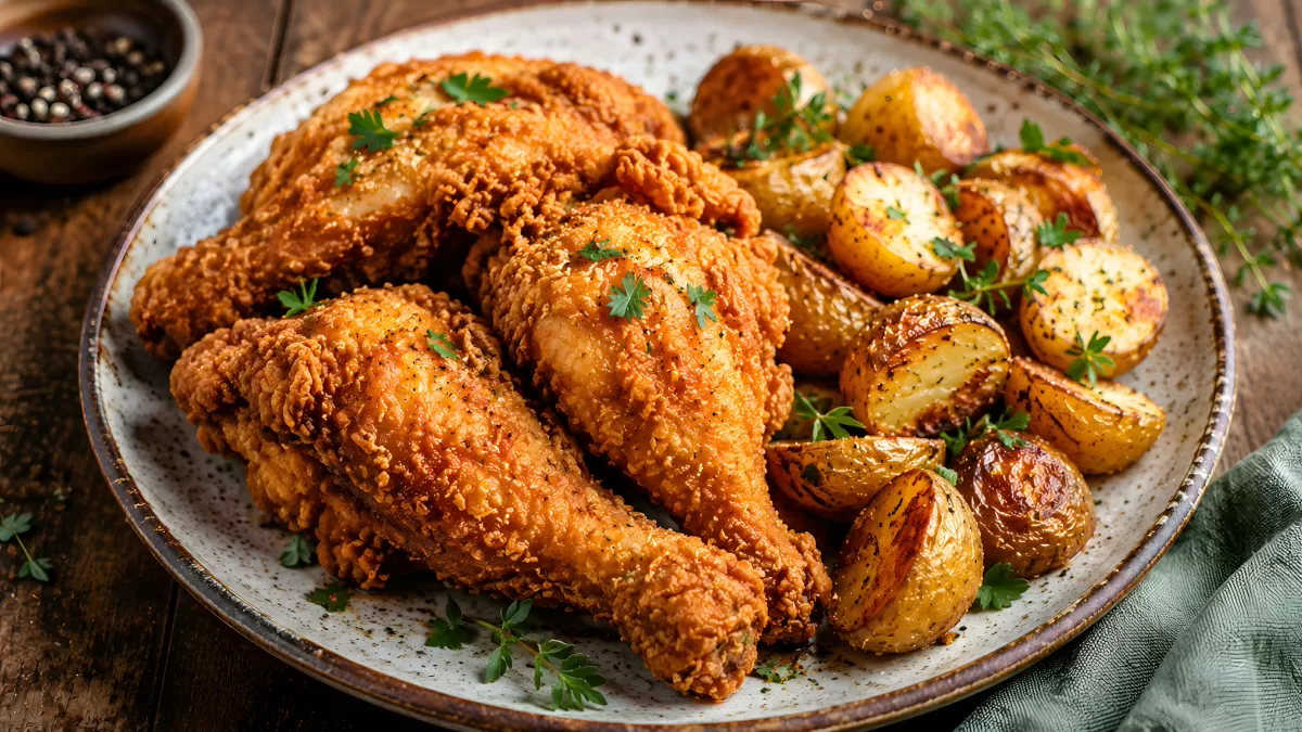 Knusprige Hähnchenstücke mit Ofenkartoffeln auf Teller