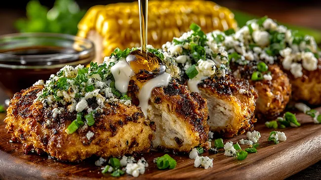 Knusprige Hähnchentender mit Würzsoße und Mais