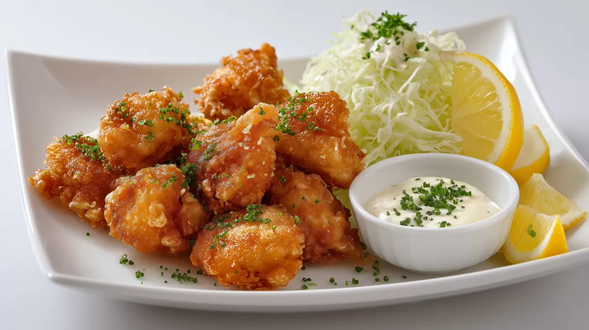 Knusprige Hühnchen Karaage mit Yuzu Mayo serviert