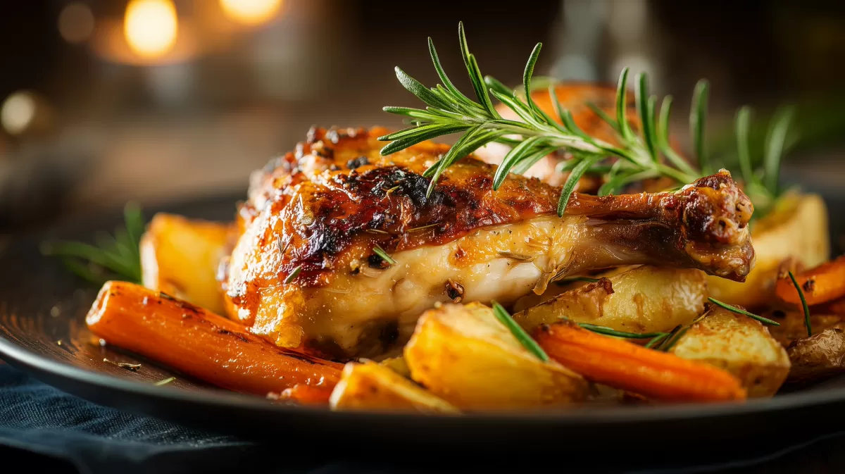 Knusprige Hühnchenkeulen auf Kartoffel-Möhren-Bett