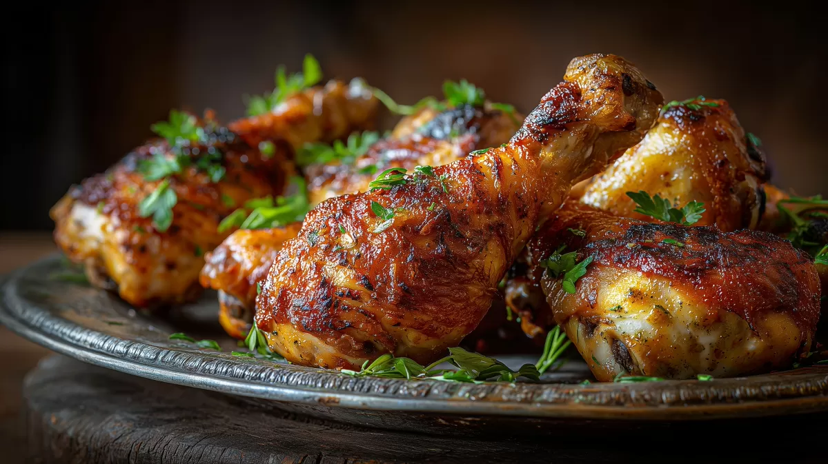 Knusprige Hühnchenkeulen aus dem Ofen auf Metallteller