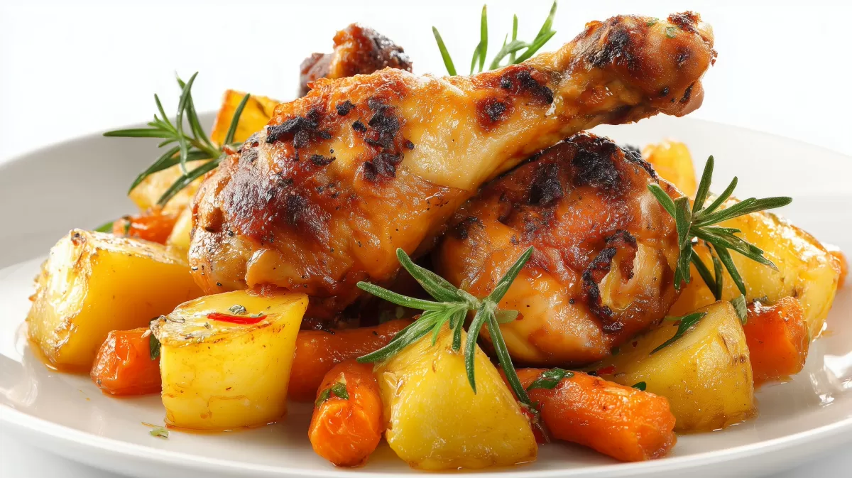 Knusprige Hühnerkeulen mit Kartoffel-Möhren-Bett