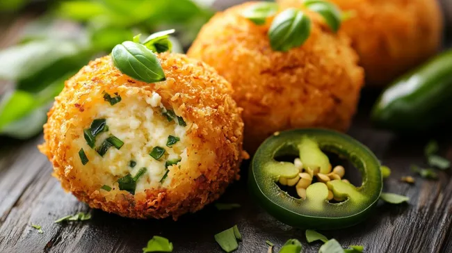 Knusprige Käsebällchen mit Jalapeños auf Holztisch