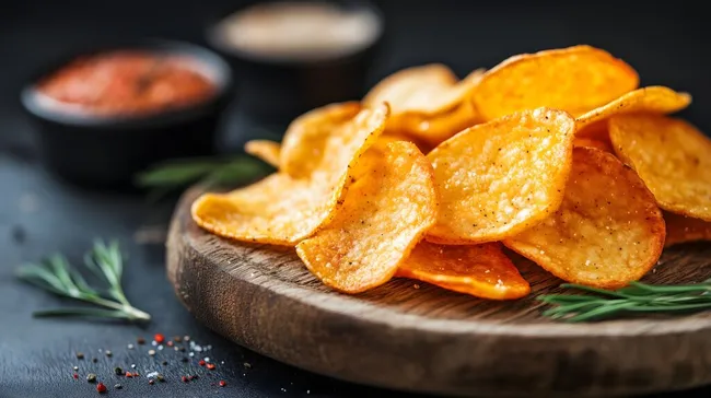 Knusprige Kartoffelchips auf rustikalem Holzbrett