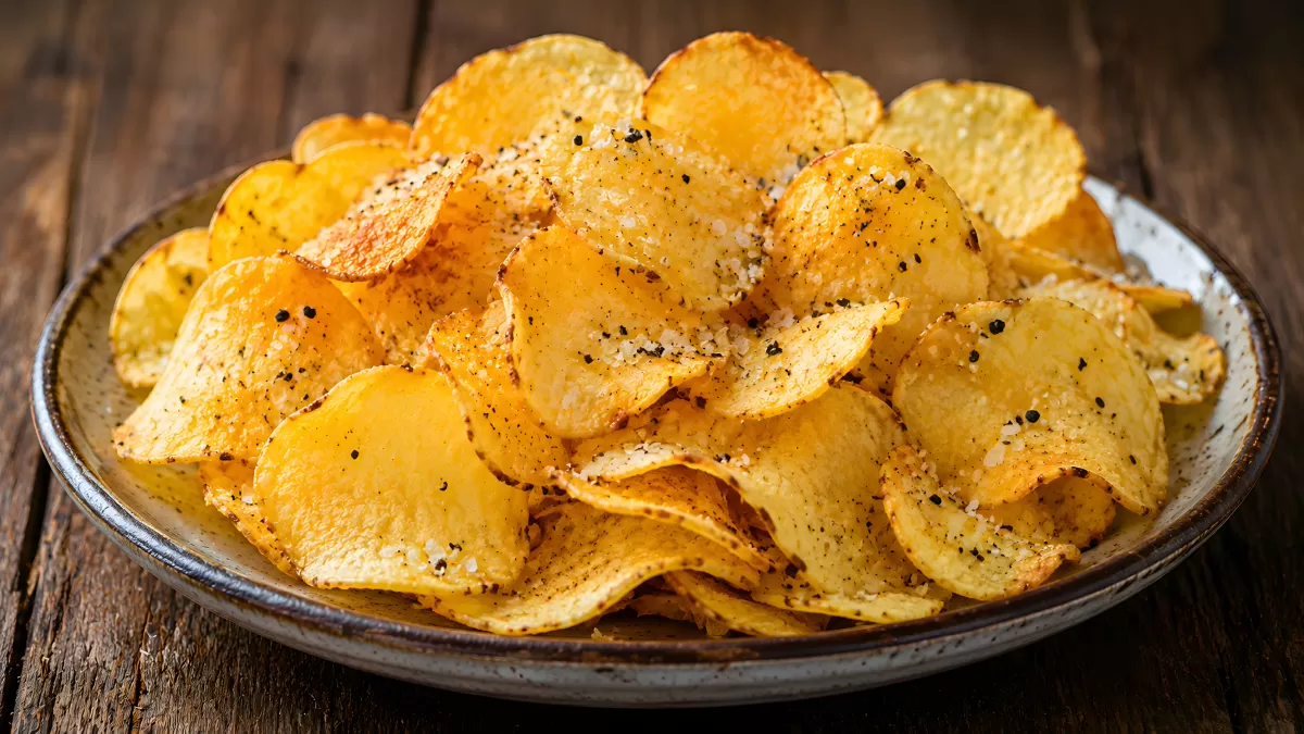 Knusprige Kartoffelchips mit Salz und Pfeffer auf Teller