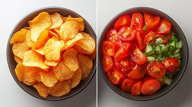 Knusprige Kartoffelchips und frischer Tomatensalat