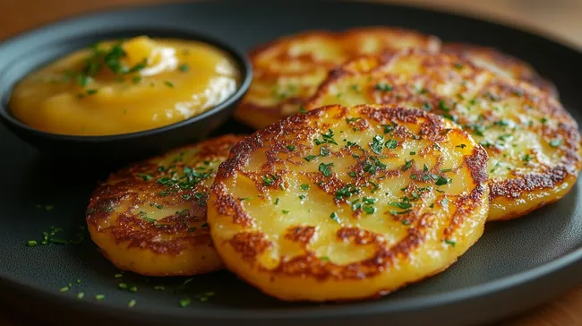 Knusprige Kartoffelpuffer mit Apfelkompott und Kräutern