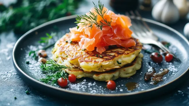 Knusprige Kartoffelpuffer mit geräuchertem Lachs kostenlos herunterladen