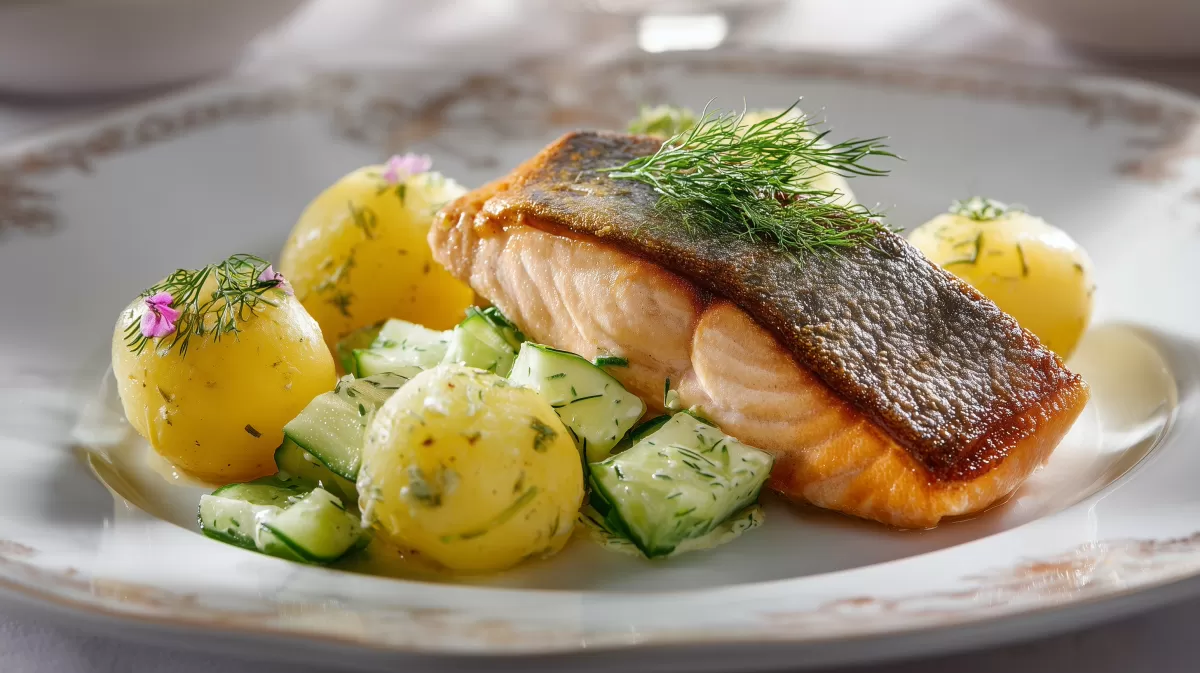 Knusprige Lachsfilets mit Kartoffeln und Gurkensalat