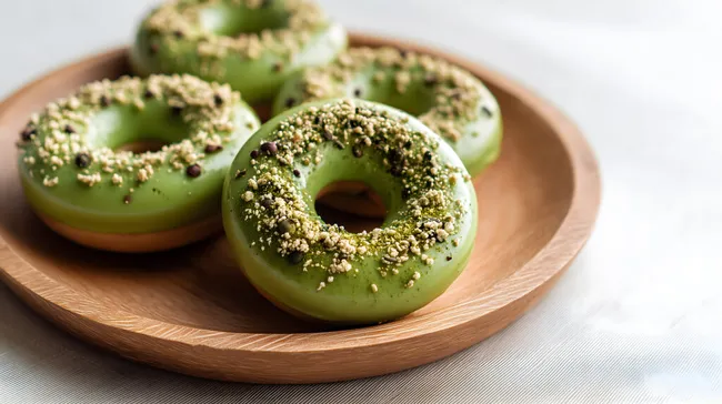 Knusprige Matcha-Donuts mit grüner Glasur auf Holzplatte